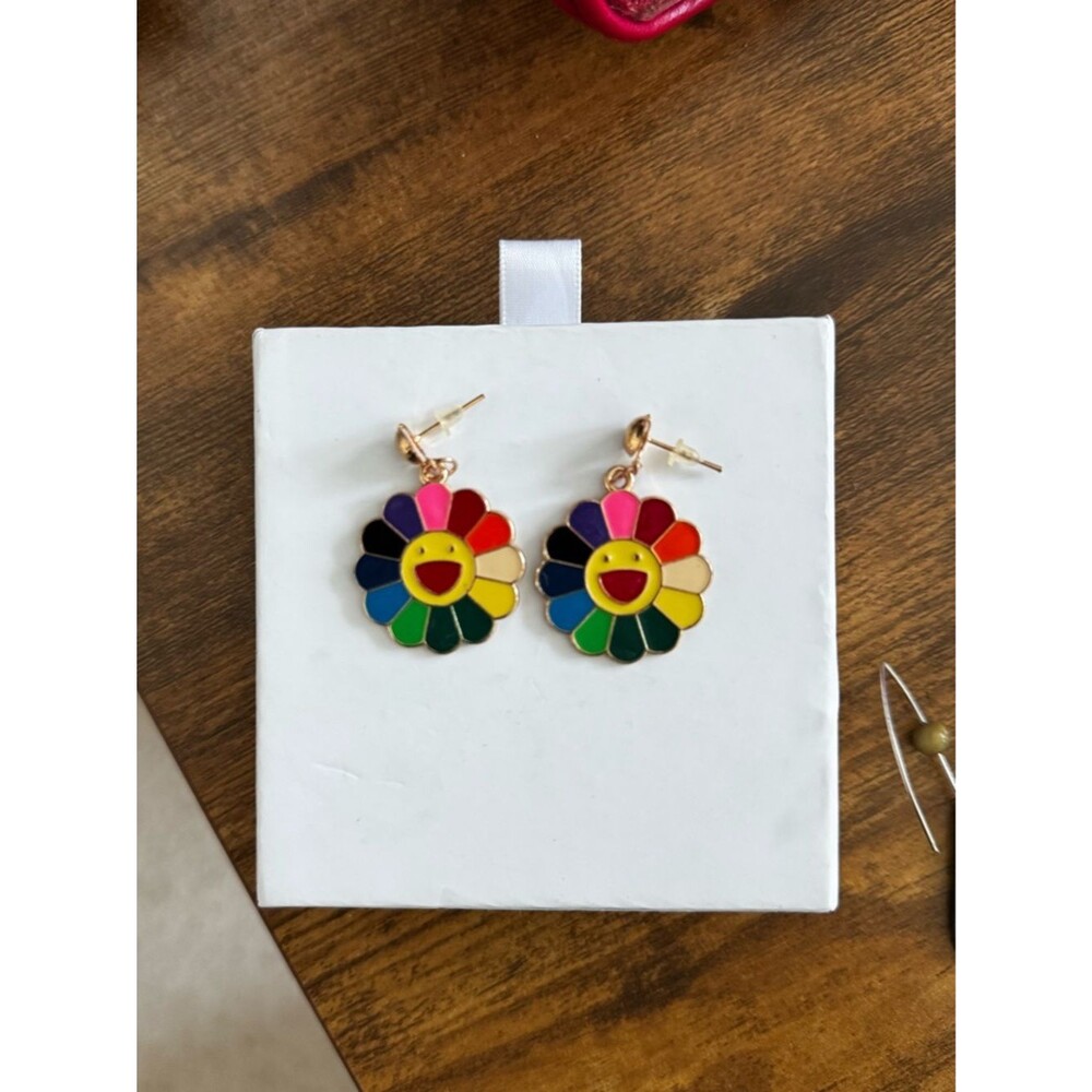 Murakami-Inspired Colorful Rainbow Smile Flower Drop Earrings 14k Gold Plated